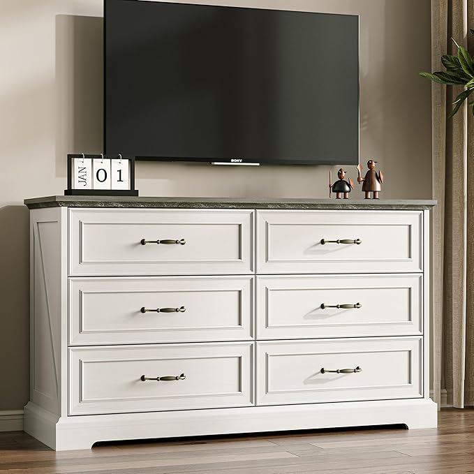 Farmhouse 6 Drawers Dresser for Bedroom, 48" Wide Modern Chest of Drawers with Deep Drawers & Bar Handles, Rustic Wood Dresser TV Stand, Wooden Closet Storage Organizer for Living Room, Hallway, White