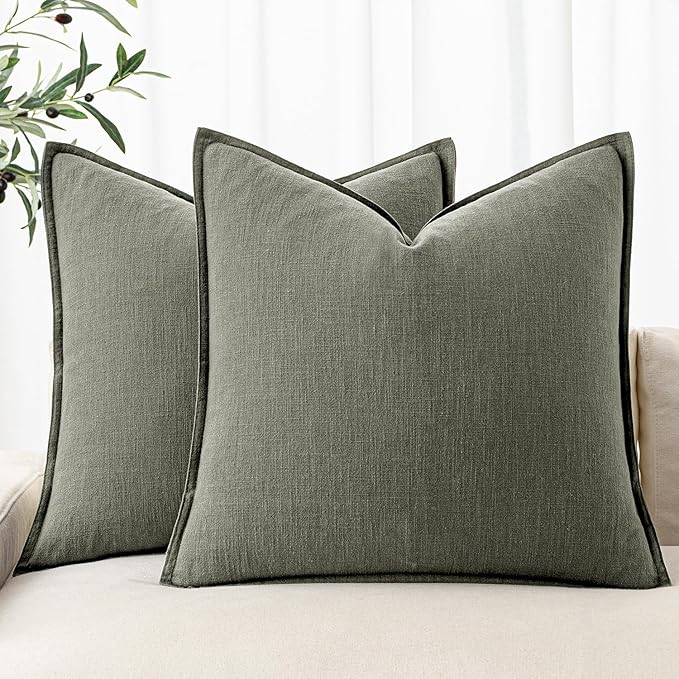 MIULEE Decorative Linen Pillow Covers 24x24 Inch Olive Green Boho Farmhouse Neutral Couch Throw Pillows for Bed Pack of 2 Accent Outdoor Pillowcase Modern Sofa Cushion Livingroom Home Decor