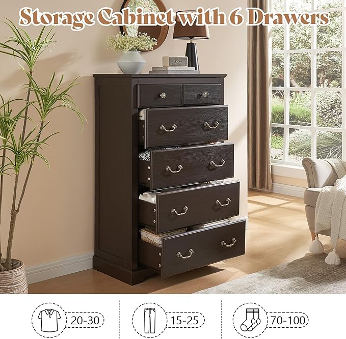 AMERLIFE Farmhouse 6 Drawers Dresser for Bedroom, Wood Antique Chest of Drawers with Metal Handle, Tall Dresser Organizer for Hallway, Entryway, Espresso