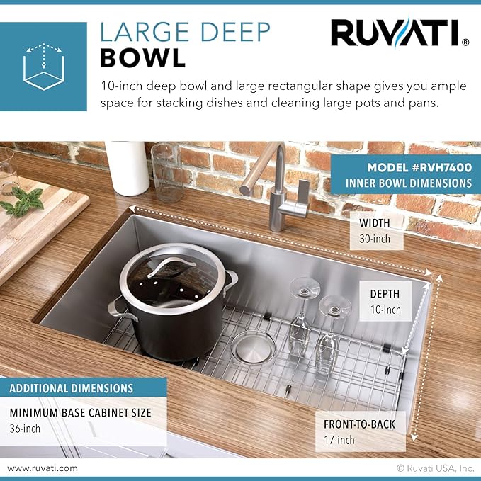 Ruvati 32-inch Rounded Corner Undermount Kitchen Sink Single Bowl – 16 Gauge Stainless Steel Kitchen Sink with Accessories and Brushed Finish hides scratches, Easy-to-Clean Undermount Sinks - RVH7400