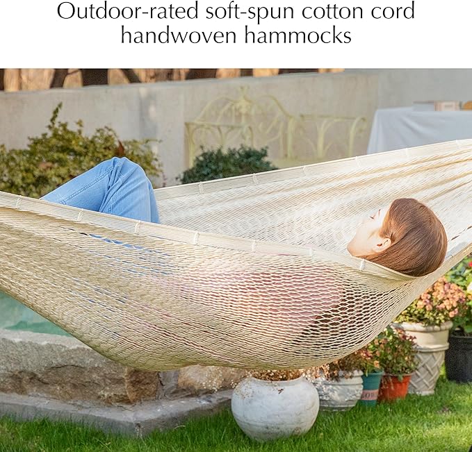 PNAEUT Mayan Hammock, Handwoven XL Thick Soft Rope Hammocks for Outdoor Indoor, Max 600 lbs Capacity, Tree Straps & Carabiners Included (Nature)