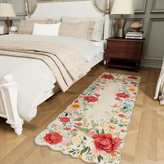 Kitchen Rug 2'x 6' Washable Floral Washable Runner Rugs Non Slip Boho Vintage Low Pile Carpet for Hallway, Entryway, Laundry Room, Bathroom High Traffic Areas Indoor Decor (Beige