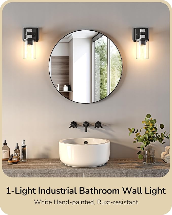 EDISHINE Wall Sconces Set of 2, Industrial Vanity Light Fixtures with Clear Glass Shade & White Textured Finish, 1-Light Wall Mount Lamp for Bathroom, Hallway, Living Room, Mirror, Kitchen