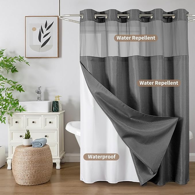 Colorful Star No Hook Waffle Shower Curtain with Snap in Fabric, Waterproof Shower Curtains with Mesh Top Window, Hotel Luxury Heavy Duty Bathroom Curtain and Liner Set, 72'' x 75'', Charcoal Grey
