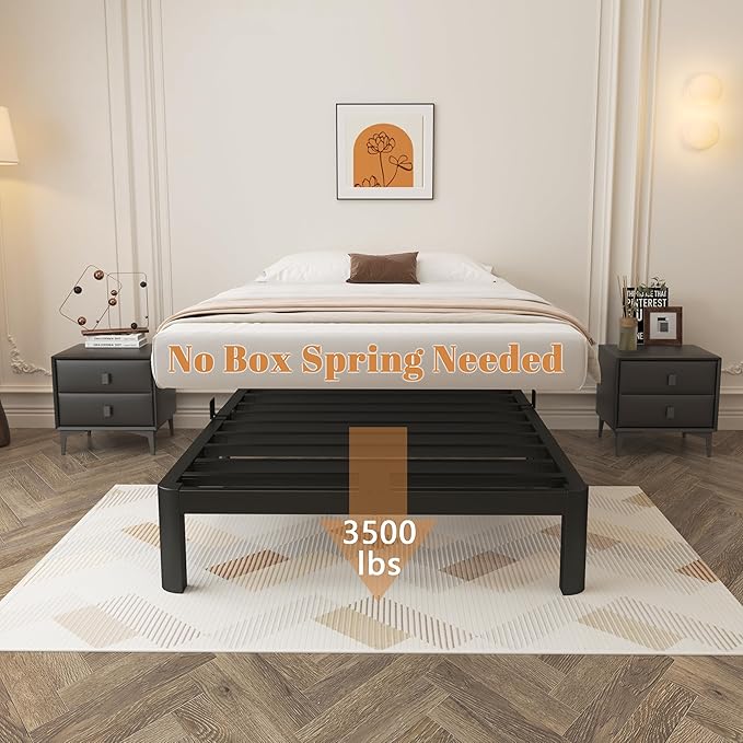 Black 10 Inch Twin Bed Frames, Metal Bed Frame Twin Size with Baffles, No Box Spring Needed, Rounded Corner Legs, Heavy Duty Steel Platform Support, Reserved Holes, Storage Space, Noise Free