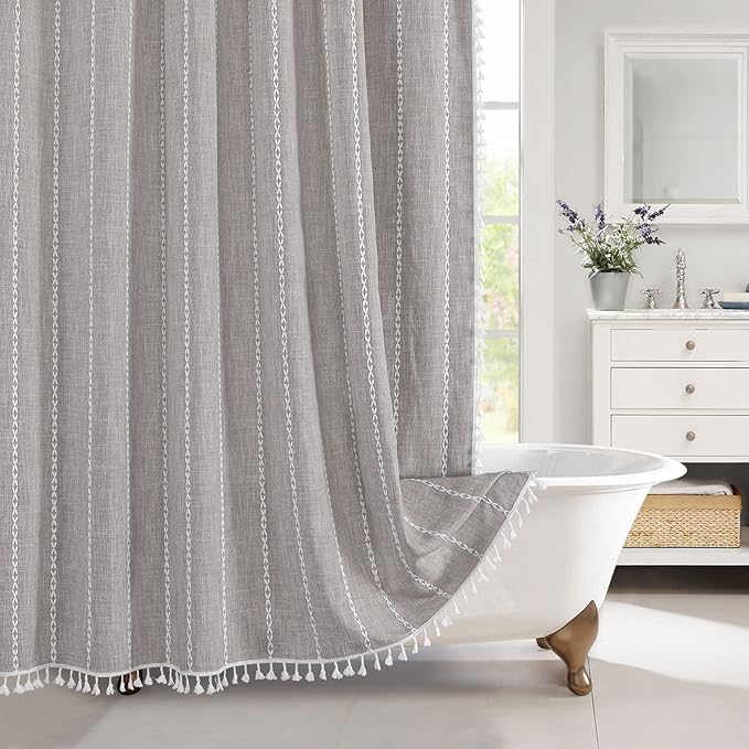 MitoVilla Grey Farmhouse Fabric Shower Curtain Set, Boho Modern Polyester Linen Shower Curtains for Vintage Rustic Bathroom Decor, Country Tassel Thick Cloth Shower Curtain, 72 x 72