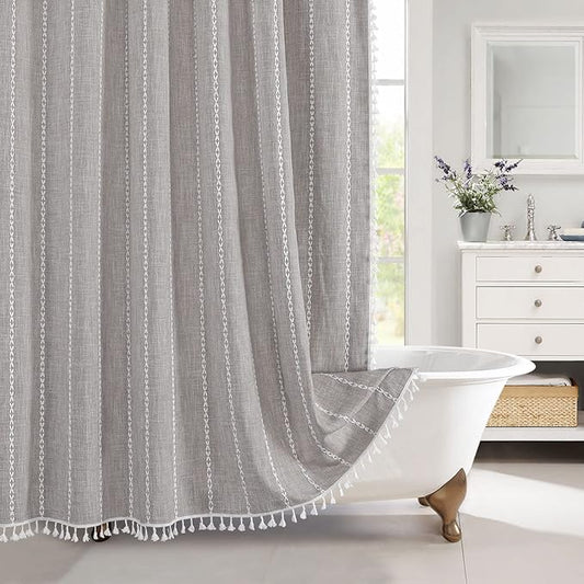 MitoVilla Grey Farmhouse Fabric Shower Curtain Set, Boho Modern Polyester Linen Shower Curtains for Vintage Rustic Bathroom Decor, Country Tassel Thick Cloth Shower Curtain, 72 x 72
