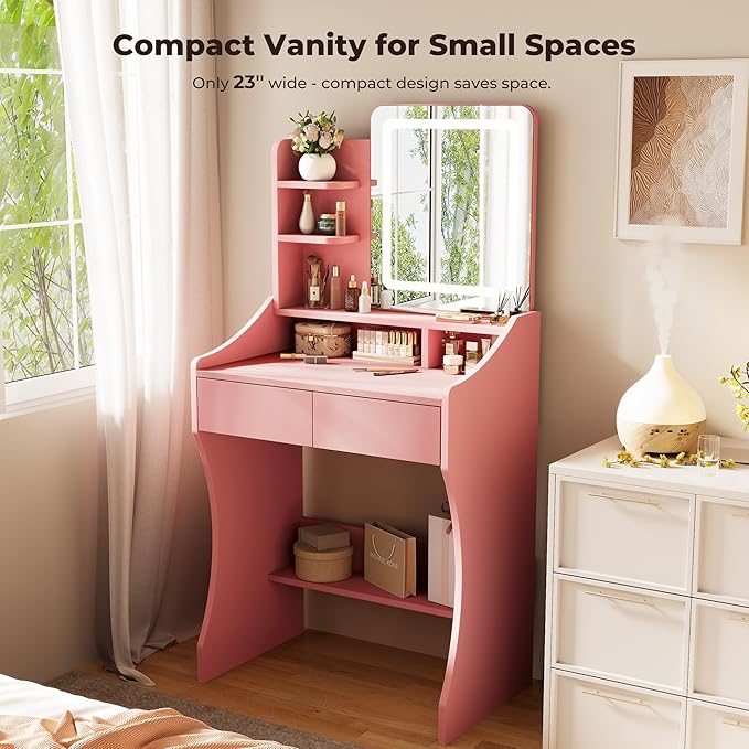 Small Vanity Desk, Makeup Vanity with Mirror and Lights, Vanity Desk with Drawer & 3 Storage Shelves, Pink Makeup Vanity Desk with Lights for Bedroom