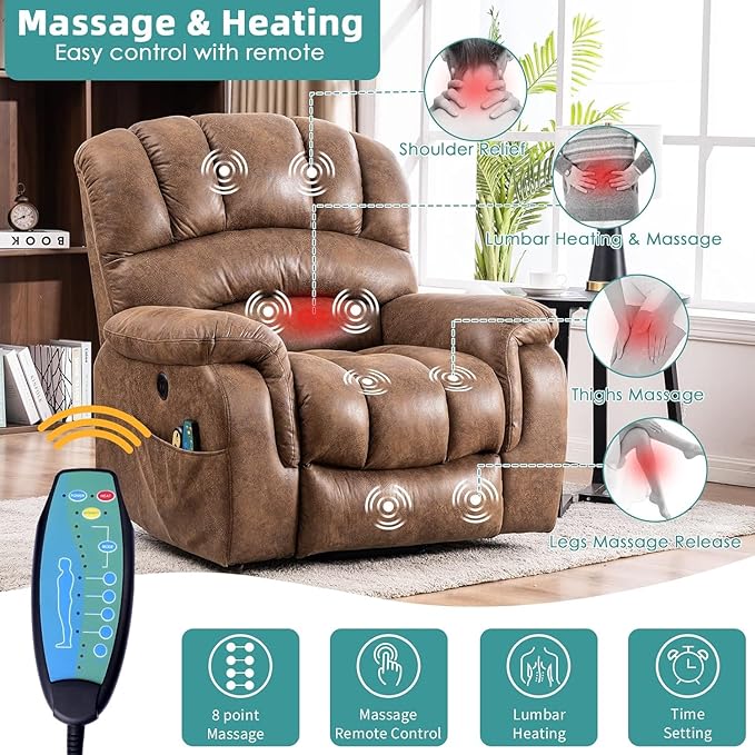 MEETWARM Tall Man Large Power Lift Electric Recliner Chair with Extended Footrest for Elderly, Overstuffed Wide Recliner with Heat & Massage, 2 Remote Controls, Side Pockets, USB Ports(Brown)