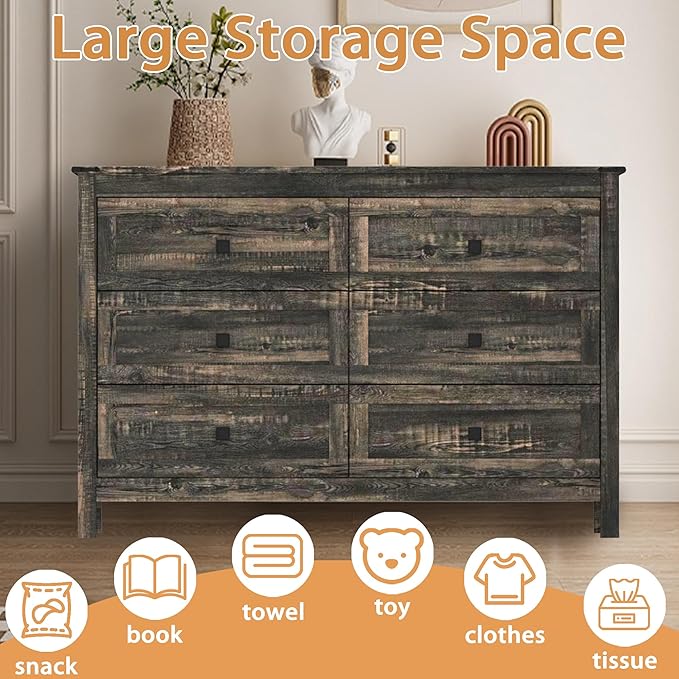 Farmhouse 6 Drawer Dresser & 2 Nightstand Set for Bedroom, Wood Dresser with Metal Handle for Bed Room, Hallway, Light Black Rustic Oak