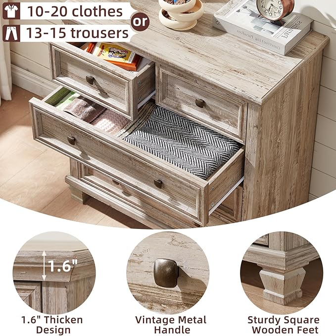 Farmhouse 5 Drawer Dresser for Bedroom, 33 Inch Tall Vintage Wood Chest of Drawers, Rustic Small Dressers w/Square Wooden Legs, Mid-Century Storage Organizer for Living Room, Grey