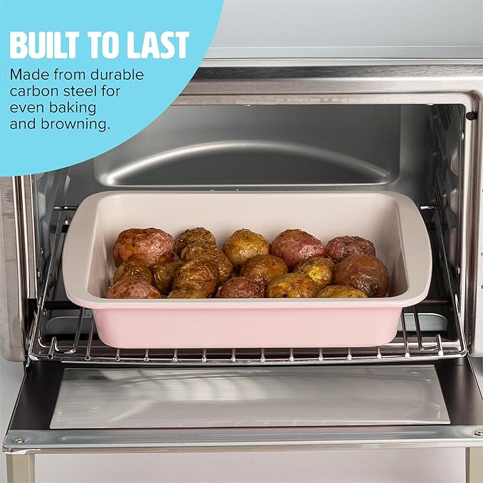 Tasty Nonstick Toaster Oven Baking Set Includes Cake Pan, Oven Tray, Rack, Carbon Steel Bakeware, 3-Piece Set, Pink