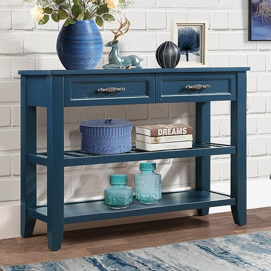 42inch Mid-Century Wood Console Table with 2 Drawers and 2 Bottom Shelf Sofa Table Solid Wood Sideboard(Navy Blue)
