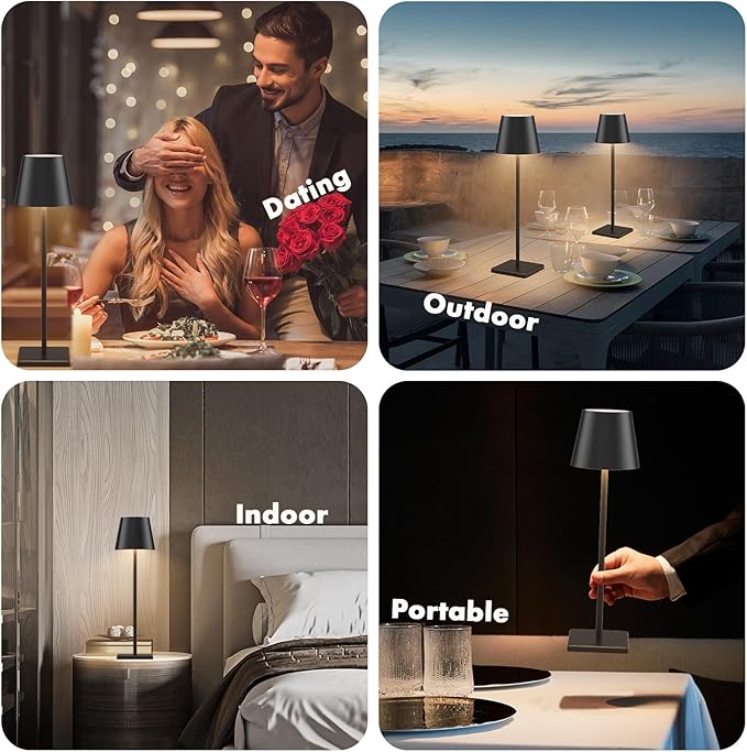 4-Pack LED Rechargeable Table Lamp, Battery Desk lamp 3W 6000mAh Battery Operated Stepless Dimming Modern Portable Table Light for Restaurant/Dinner/Bedroom/Outdoor IP54 Waterproof (Black)