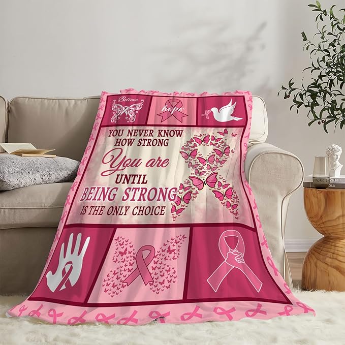 Breast Cancer Gifts Breast Cancer Awareness Blanket Cozy Fleece Flannel Survivor Throw Blanket Soft Warm Plush Bedding Get Well Gifts for Women for Couch Sofa Bed 60"X80"