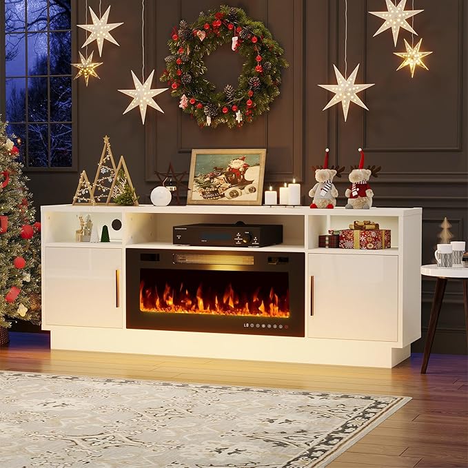 70'' TV Stand with Fireplace and Power Outlet-LED White Entertainment Center for 75+ inch TV- 27'' High TV Cabinet with Storage, High Glossy Door, Modern TV Console for Living Room