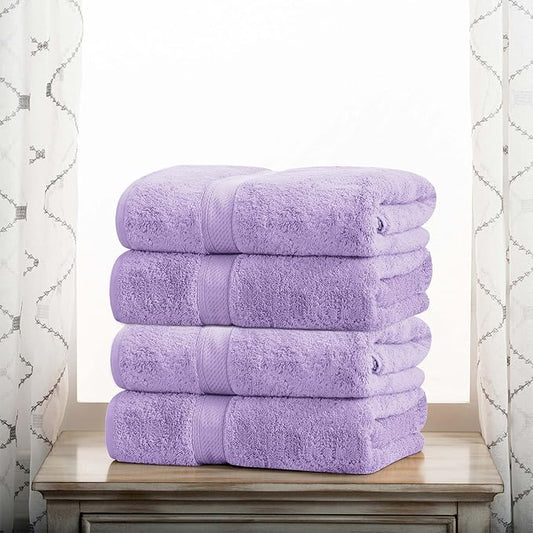 SUPERIOR Egyptian Cotton Pile Bath Towel Set of 4, Ultra Soft Luxury Towels, Thick Plush Essentials, Absorbent Heavyweight, Guest Bath, Hotel, Spa, Home Bathroom, Shower Basics, Purple