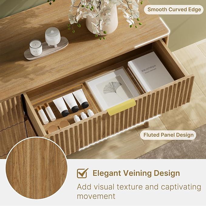 LYNSOM 55" Wide Fluted Dresser for Bedroom with 6 Drawer, Modern Chest of Drawers with Curved Profile Design and Metal Handles, Wood Dresser TV Stand & Storage Organizer for Living Room, Natural Oak