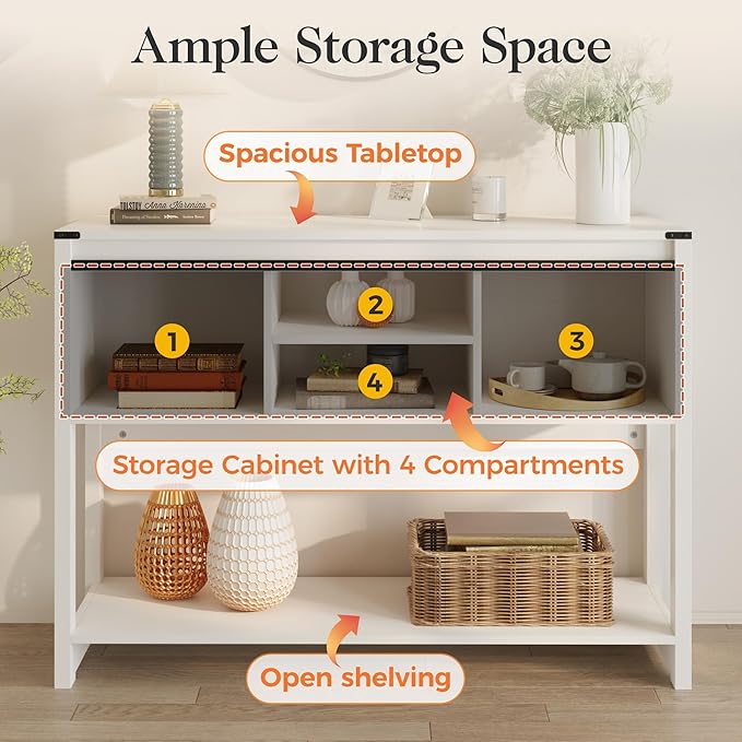 Console Table with Storage Shelf & Sliding Barn Door, Farmhouse Entryway Table with Storage, 46" Narrow Long Sofa, Behind Couch, Console Tables for Living Room (White)