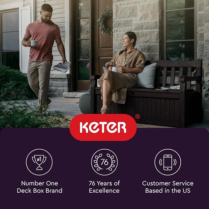 Keter Solana 70 Gallon Storage Bench Deck Box for Patio Furniture, Front Porch Decor and Outdoor Seating – Perfect to Store Garden Tools, Brown/Brown