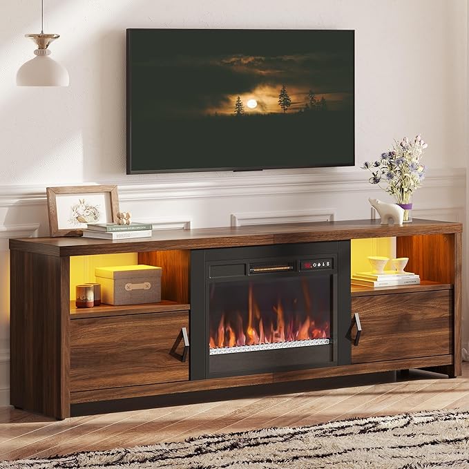 Bestier 70" Electric Fireplace TV Stand for TVs Up to 75", Modern Entertainment Center with Storage Cabinets, LED Lights, Open Shelves and Cable Holes for Living Room, Dark Walnut