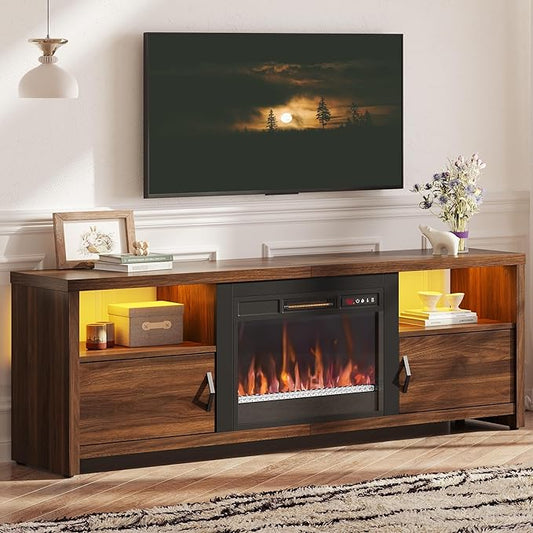 Bestier 70" Electric Fireplace TV Stand for TVs Up to 75", Modern Entertainment Center with Storage Cabinets, LED Lights, Open Shelves and Cable Holes for Living Room, Dark Walnut