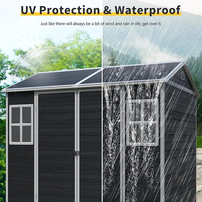 8' x 6' Resin Storage Shed Outdoor, PP Material & Strong Structure for All Weather, Plastic Garden Shed w/Window for Garden, Backyard, Poolside and Lawn, 15mm Thick PP Board - Dark Grey