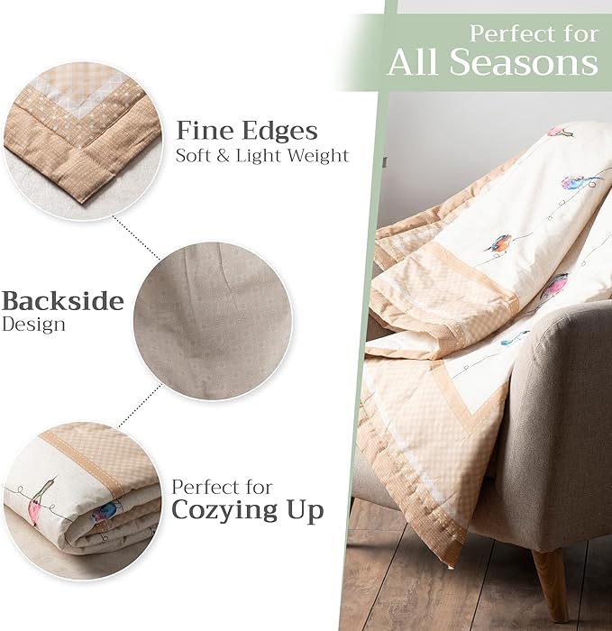 Maison d' Hermine Throw Blanket for Couch Lightweight Soft Warm Breathable Cotton Throw Blankets for Bed Girls Boys Women Men Gifts Sofa Travel Living Room Chair Bedding (60"x80", Birdies On Wire)