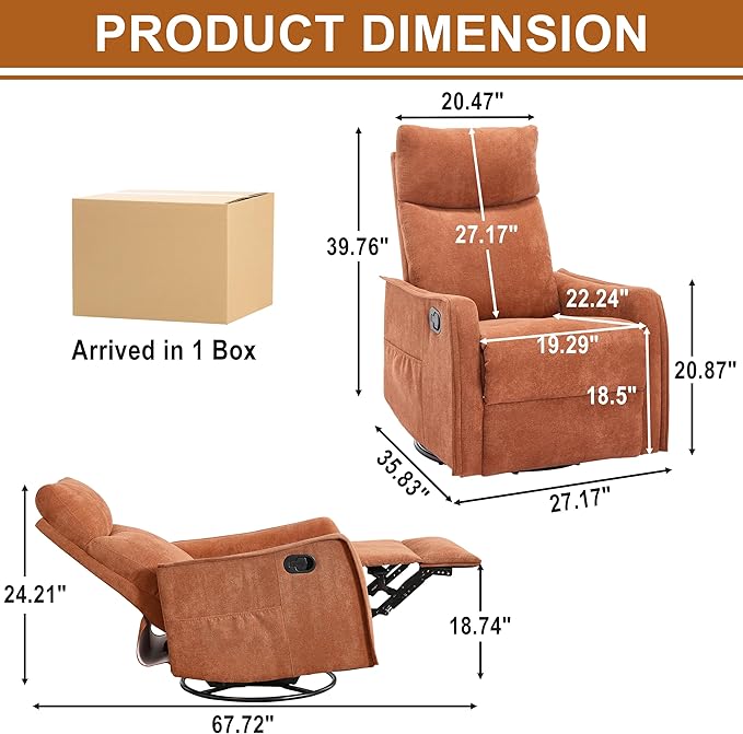 Manual 360° Swivel Rocker Recliner Chair for Adults, Overstuffed Glider Chair for Nursery with Vibration Massage and Heat, Comfy Soft Fabric Glider with Side Pockets for Living Room, Orange