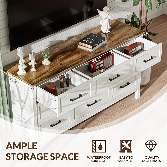 LYNSOM Farmhouse 9 Drawers Dresser for Bedroom, 55" Wide Wood Rustic Chest of Drawers with Natural Texture, Metal Handle, Storage Dressers Organizer for Entryway, Hallway, Antique White