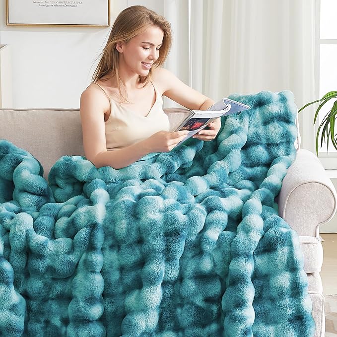 Ultra Plush Bubble Faux Rabbit Fur Blanket – 950GSM Thick Fluffy Throw Blanket for Bed, Couch, Sofa, or Gift, 60" × 80", Tie-dye Teal