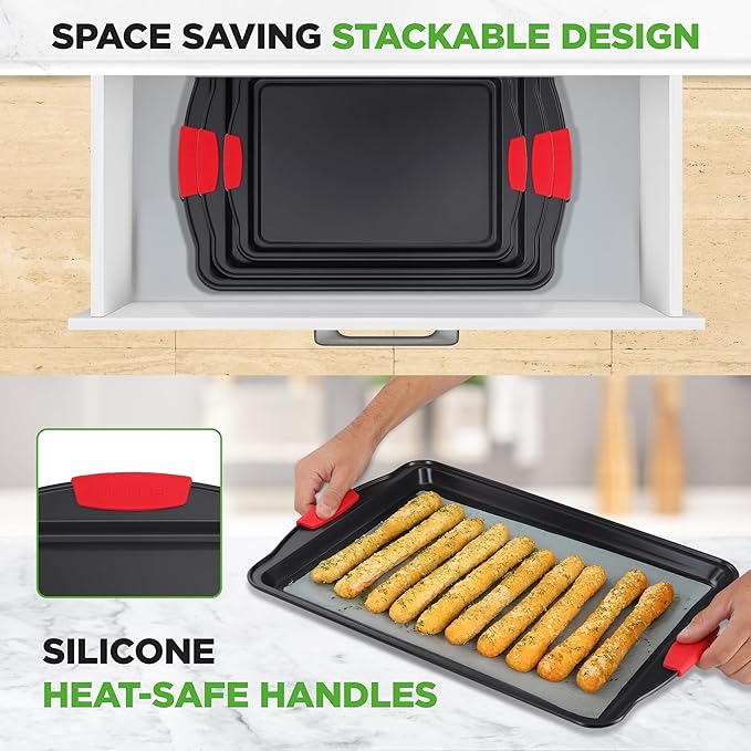 NutriChef Nonstick Baking Pans Set – 3-Piece Carbon Steel Cookie Sheet Set with Red Silicone Handles, Small, Medium, Large Stackable Trays, Oven and Dishwasher Safe Design for Cakes, Cookies and More