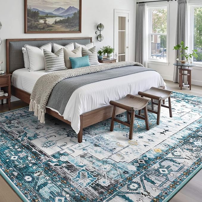 Large Washable 6x9 Area Rug, Blue Vintage Floral Rugs for Living Room, Non Slip Low Pile Carpet for Bedroom Dining Room, Thin Indoor Carpet for Office Classroom