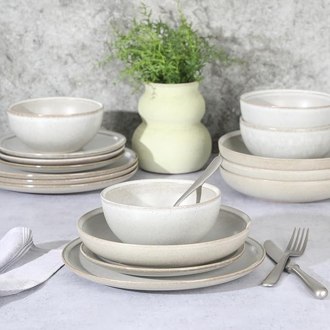 Gibson Elite Beckett Stoneware Matte Reactive Glaze 16 Piece (Service for 4) Plates and Bowls Dinnerware Set - Linen White