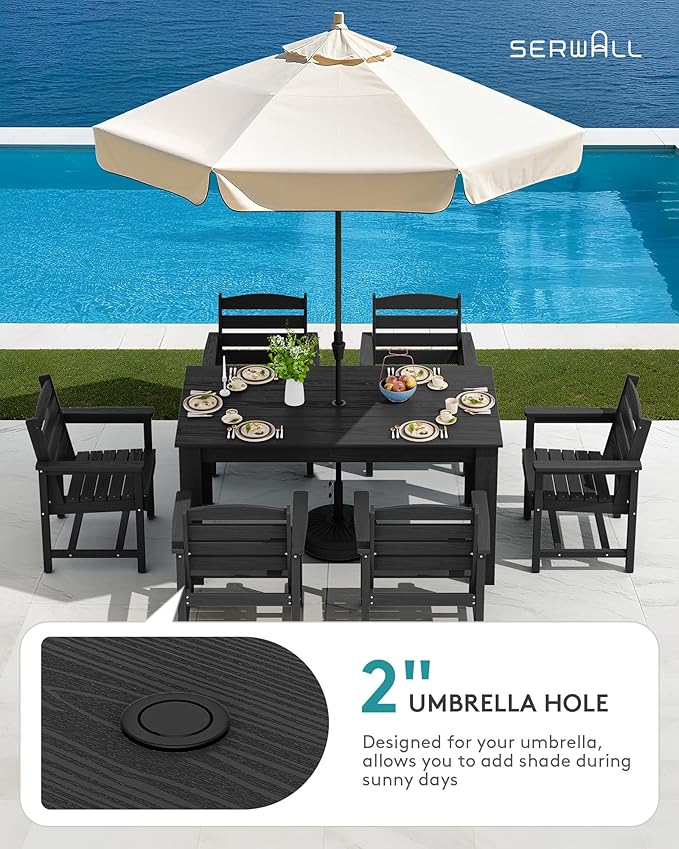 SERWALL HDPE Dining Set for 4, Outdoor Dining Sets for 4 Person with 1 Umbrella Hole Cut-Out Rectangular Table and 6 Chairs, Patio Dining Sets for Garden, Backyard, Poolside, Black