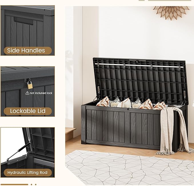 Deck Box, 120 Gallon Outdoor Storage Box Lockable Patio Waterproof for Furniture, Garden Tools, Sports Equipment and Pool Supplies, Waterproof, Resin, Lockable