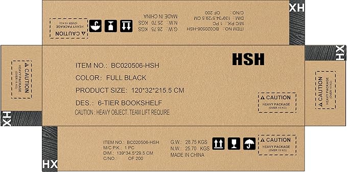 HSH 6 Tier Tall Black Bookshelf, Modern Large Storage Book Shelves & Display Book Shelf,Industrial Open Vertical Metal and Wood Black Bookcases 6 Shelf for Bedroom Living Room Office, Black Oak