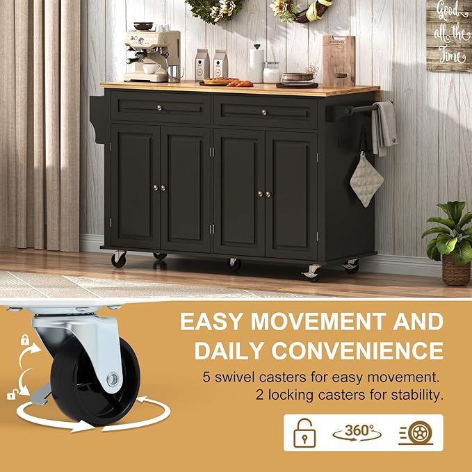 59" W Rolling Kitchen Island with Drop Leaf – Movable Kitchen Carts on Wheels Island with Storage Cabinet, Island Table for Kitchen with Rubber Wood Top and Rack and Drawer, Matte, Black