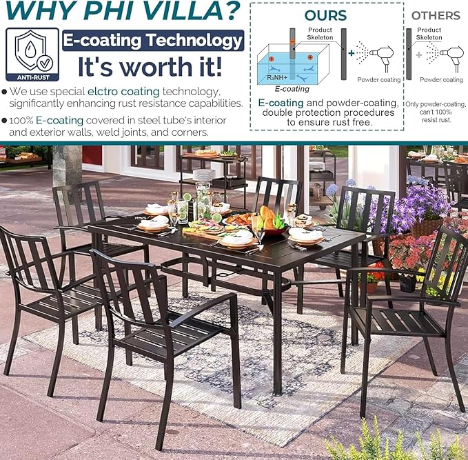 PHI VILLA 7 Piece Outdoor Dining Set for 6, 64" Metal Steel Dining Table with Umbrella Hole & Black Stacking Dining Chairs for Patio, Yard, Porch, Deck