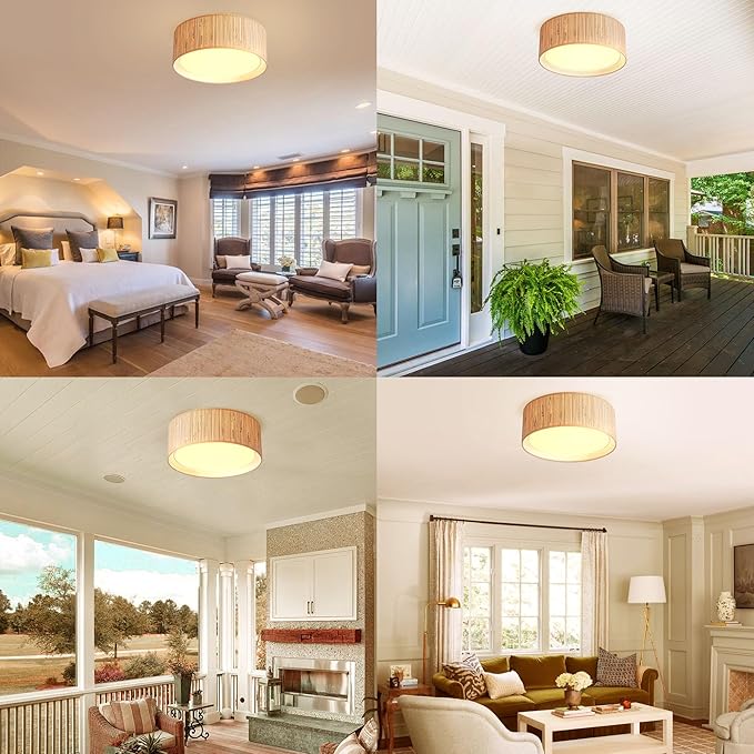 WINGBO 15.7" Modern 3-Light Flush Mount Ceiling Light Fixture with Fabric & Acrylic Double Drum Shade for Bedroom Living Room Dining Room Hallway Entryway, Wood Grain