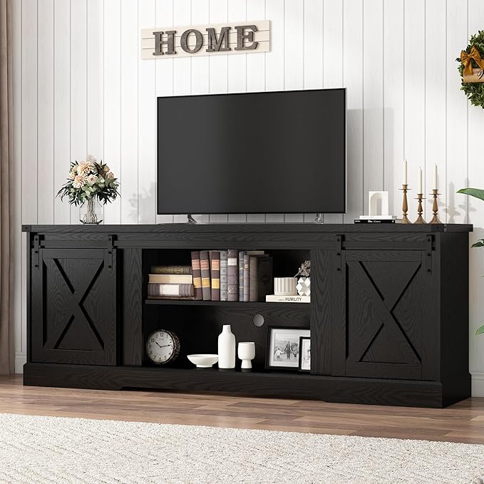 Farmhouse TV Stand for 70/75/80 Inch TV, 70 inch Entertainment Center Storage Cabinets with Sliding Barn Doors, Media Console Cabinet for Living Room, Black