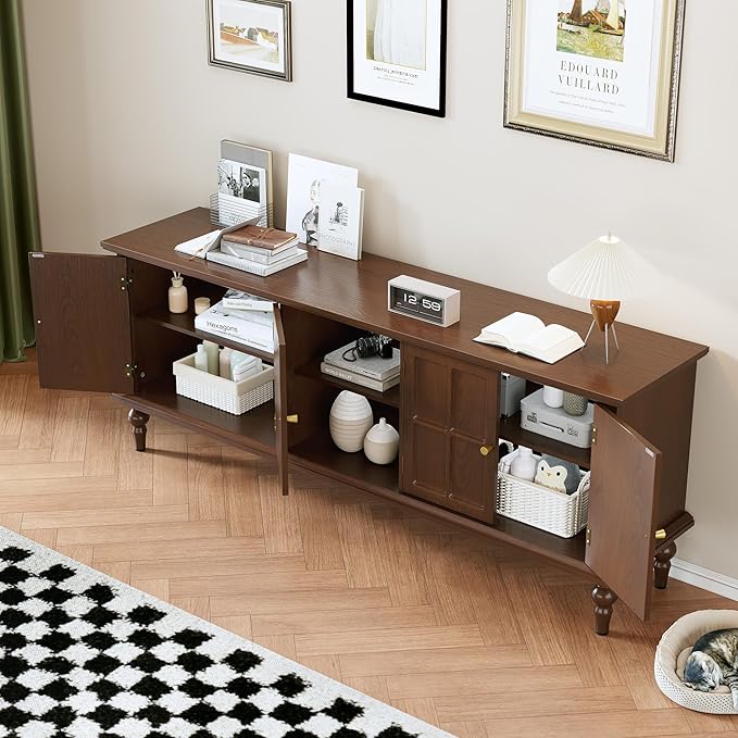 3More 67" Mid Century Modern TV Stand with Window Design,Wood Entertainment Center with Open Shelf,Up to 70" Media TV for Living Room or Bedroom,Walnut