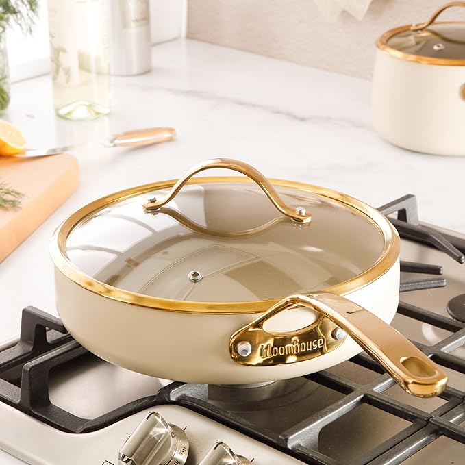 bloomhouse 10 Inch Heavy Duty Aluminum Premium PFA Free Ceramic Nonstick Saute/Deep Frying Pan Skillet with Lid - Almond Cream w/Gold Handle