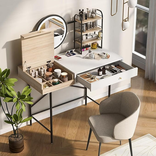 40" Makeup Vanity Desk with 3 Lighting Modes Adjustable Brightness & Power Outlet, Vanity Table with Drawer & 3 Open Shelves for Ample Storage Space, Dressing Table for Bedroom (White)