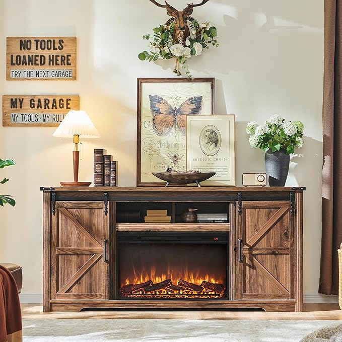 Farmhouse Fireplace TV Stand for 80 Inch TV, 32" Tall Entertainment Center w/Drawer & Sliding Barn Door, 70 Inch Highboy Media Console for Living Room, Brown