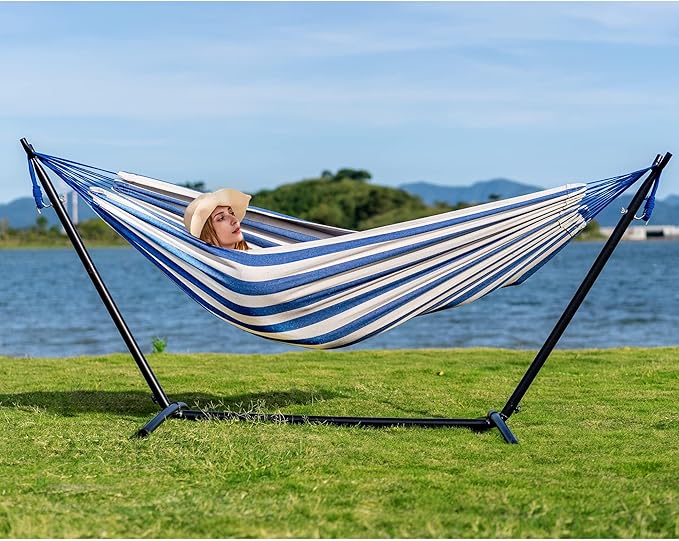 Lazy Daze Hammocks Double Hammock with 9 ft Space-Saving Steel Stand Includes Portable Carrying Case, 450 Pounds Capacity (Blue White)