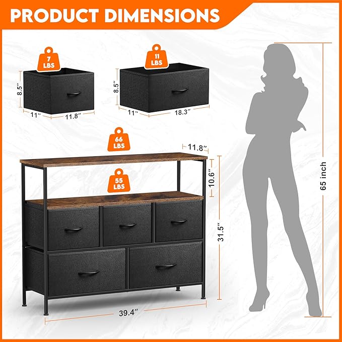 TV Stands for 42 inches TV, TV Stands for Living Room, Entertainment Center with Storage, TV Console with Open Shelves (Black and Rustic Brown)