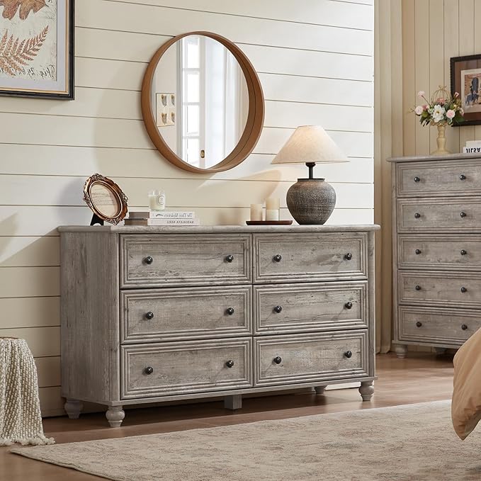 Farmhouse Dressers & Night Stand Set of 3, Wood 54" Wide Dresser & 45"Tall Chest of Drawers, 18" with Charging Station Nightstand, Bedroom Furniture 6 Drawer Dresser Set for Home Living Room Hallway