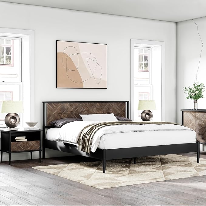 Lenia 14-Inch King Size Platform Bed Frame with Headboard – Heavy Duty Acacia Wood, Mid-Century Modern Style, 12 Strong Slats, No Box Spring Needed, Noise-Free, Easy Assembly, Mocha Black Finish