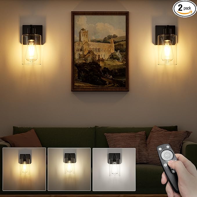 Battery Operated Wall Sconce Set of Two with Remote Wall Light Rechargeable Wireless Cordless Led Glass Wall Lamp Indoor with 3 Color Temperature Dimmable E26 Edison Bulbs for Bedroom Bathroom Hallway